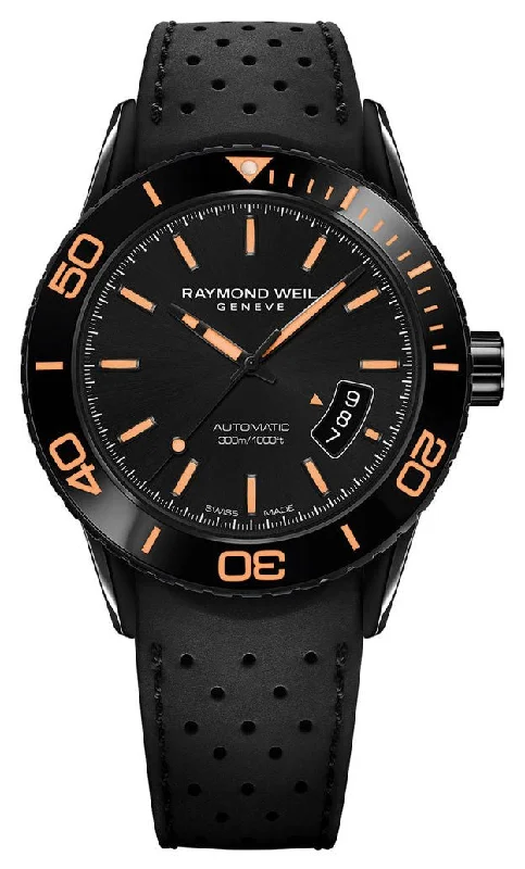 women’s watches with minimalist design for professional use-Raymond Weil Freelancer Automatic Black PVD Black Dial Black Rubber Strap Date Divers Mens Watch 2760-SB2-20001