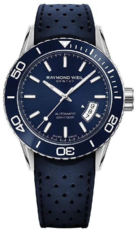 watches with GPS and heart rate sensor for athletes-Raymond Weil Freelancer Automatic Stainless Steel Blue Dial Blue Rubber Strap Date Divers Mens Watch 2760-SR3-50001