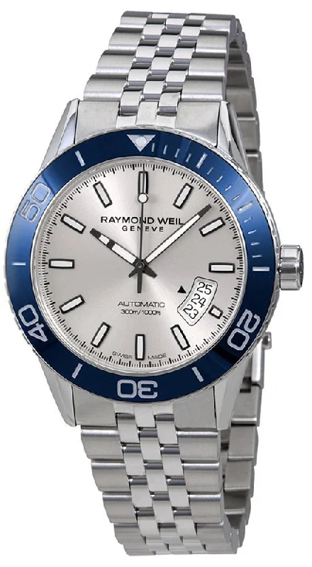 luxury sport watches for professional athletes-Raymond Weil Freelancer Automatic Stainless Steel Mens Diver Watch Silver Dial Calendar 2760-ST4-65001