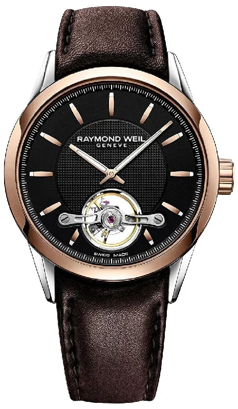 fitness smartwatches for tracking calories burned-Raymond Weil Freelancer Automatic Two-Tone Stainless Steel Black Dial Brown Leather Strap Mens Watch 2780-SC5-20001