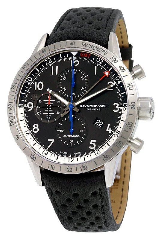 watches for hiking with GPS and altimeter-Raymond Weil Freelancer Piper Special Edition Automatic GMT Chronograph Titanium Date Black Leather Mens Watch 7754-TIC-05209