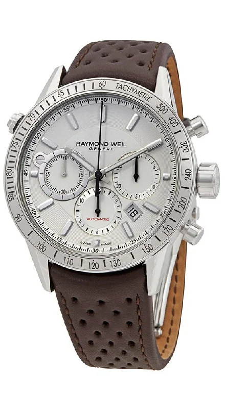 smartwatches with advanced activity tracking for athletes-Raymond Weil Freelancer Stainless Steel Automatic Chronograph Men's Brown Leather Strap Watch Date 7740-STC-30001