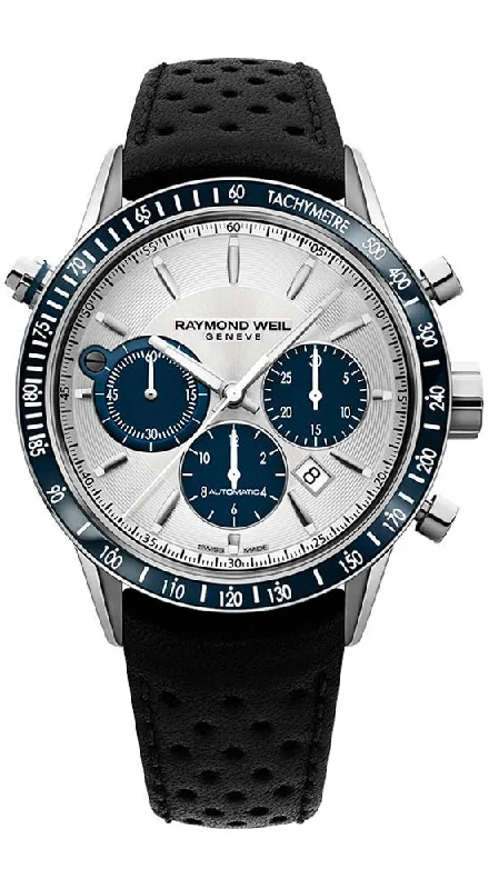 lightweight watches for women with simple design-Raymond Weil Freelancer Steel Automatic Chronograph Silver Dial Date Black Leather Strap Mens Watch 7740-SC3-65521