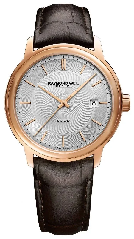 luxury watches for men with high-end craftsmanship-Raymond Weil Maestro Automatic Rose Gold PVD Silver Dial Brown Leather Strap Date Mens Watch 2237-PC5-65001