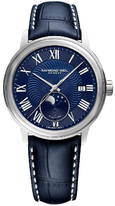 smartwatch for men with customizable notifications-Raymond Weil Maestro Automatic Stainless Steel Blue Dial Blue Leather Strap Moonphase Date Mens Watch 2239-STC-00509