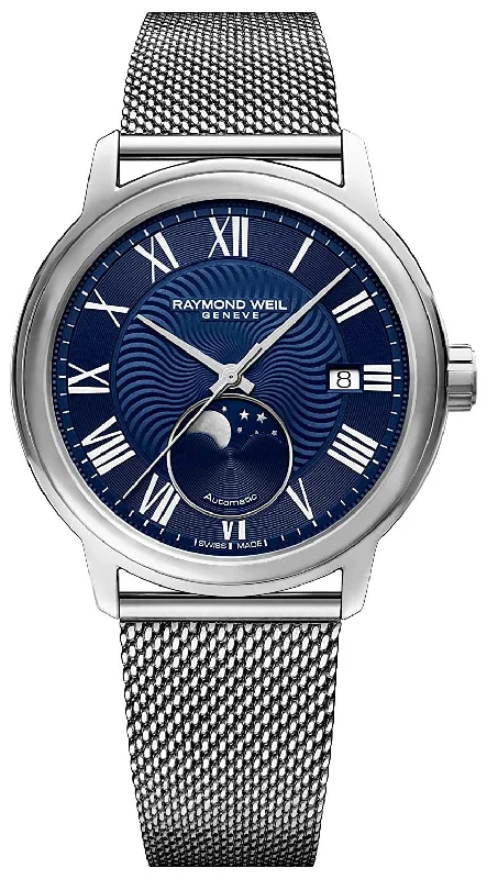 waterproof diving watches with luminous hands-Raymond Weil Maestro Automatic Stainless Steel Mesh Blue Dial Moonphase Date Mens Watch 2239M-ST-00509