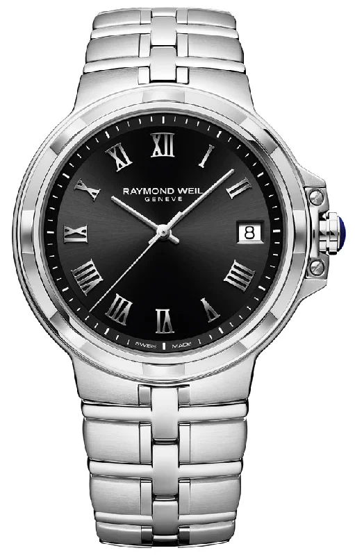 solar-powered watches with long battery life-Raymond Weil Parsifal Stainless Steel Black Dial Date Quartz Mens Watch 5580-ST-00208