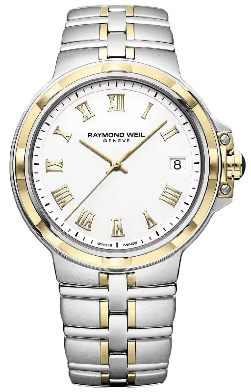 oversized watches for men with metal case-Raymond Weil Parsifal Two-Tone Stainless Steel White Dial Date Quartz Mens Watch 5580-STP-00308