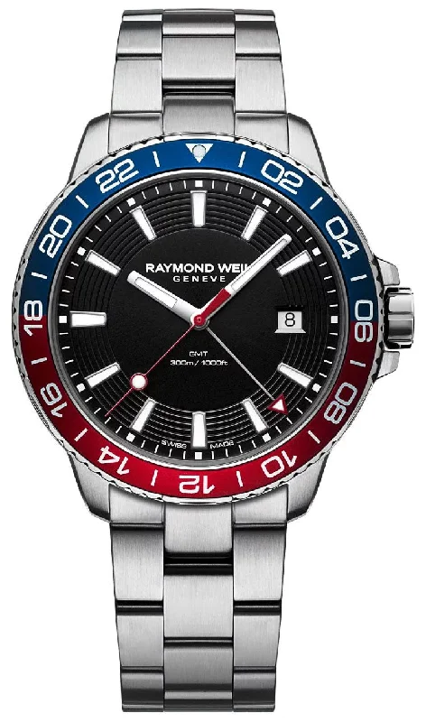 luxury watches with gemstone accents-Raymond Weil Tango GMT Stainless Steel Black Dial Pepsi Bezel Date Divers Quartz Mens Watch 8280-ST3-20001