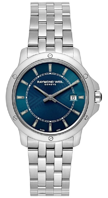 hybrid watches with fitness features for men-Raymond Weil Tango Stainless Steel Blue Dial Date Quartz Mens Watch 5591-ST-50001