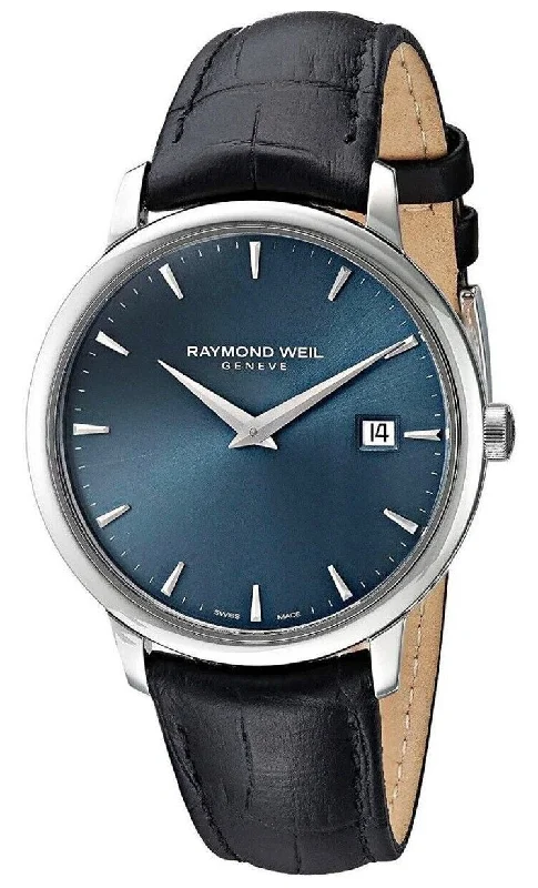 watches for divers with pressure gauge-Raymond Weil Toccata Stainless Steel Blue Dial Black Leather Strap Date Quartz Mens Watch 5488-STC-50001