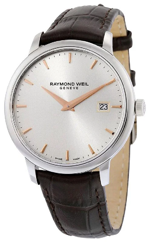 watches for divers with depth sensor and diving functions-Raymond Weil Toccata Stainless Steel Silver Dial Date Brown Leather Strap Mens Watch 5488-SL5-65001