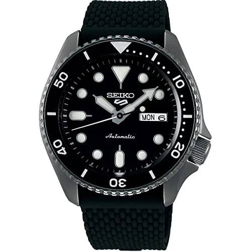 women’s watches with high-quality stainless steel case-Seiko 5 Sports Automatic Black Stainless Steel Black Dial Black Silicone Strap Day/Date Mens Watch SRPD65K2