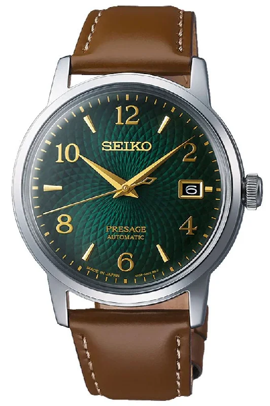 luxury watches with minimalist design for modern professionals-Seiko Presage Automatic Stainless Steel Green Dial Brown Leather Strap Date Mens Watch SRPE45J1