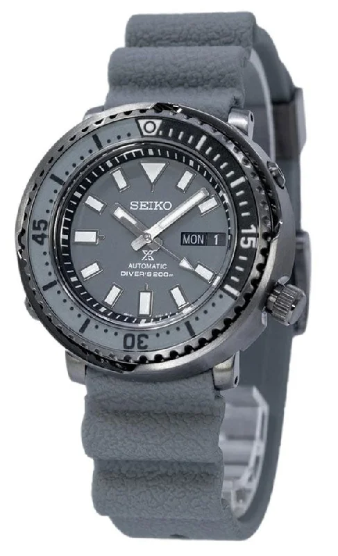 watches for diving with high water pressure tolerance-Seiko Prospex Automatic Black PVD Gray Dial Gray Silicone Strap Day/Date Divers Mens Watch SRPE31K1