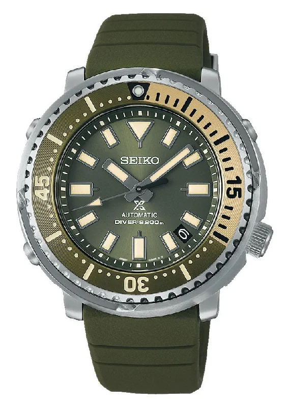 watches with advanced fitness metrics for runners-Seiko Prospex Automatic Stainless Steel Green Dial Green Silicone Strap Date Divers Mens Watch SRPF83K1