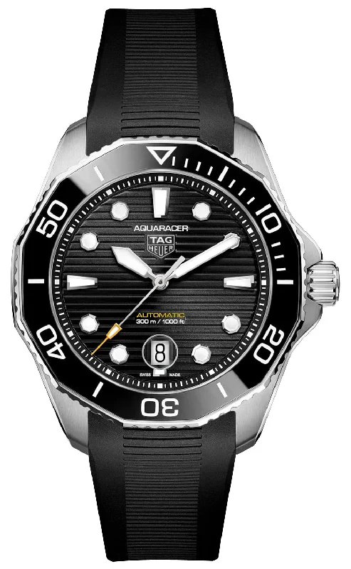 digital watches with countdown timer for fitness-TAG Heuer Aquaracer Professional 300 Automatic Stainless Steel Black Dial Black Rubber Strap Date Divers Mens Watch WBP201A.FT6197