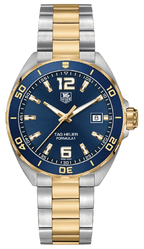 lightweight watches for women with simple design-TAG Heuer Formula 1 Stainless Steel & Yellow Gold Plated Blue Dial Date Divers Quartz Mens Watch WAZ1120.BB0879