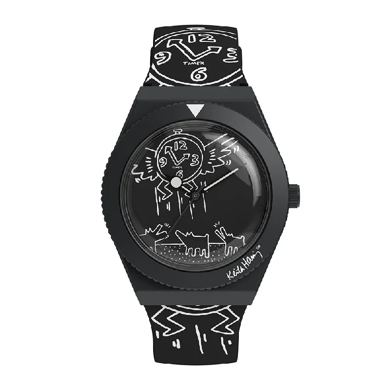 watches for men with thick leather strap for rugged look-Timex x Keith Haring Q Timex 3-Hand 38mm Rubber Band