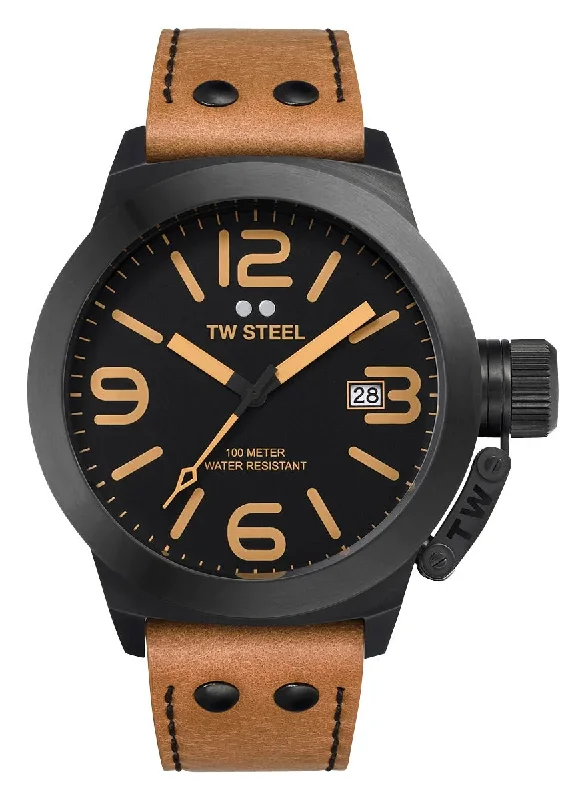 men’s watches with customizable display faces-TW Steel Canteen Black PVD Black Dial Brown Leather Strap Date Quartz Mens Watch CS42