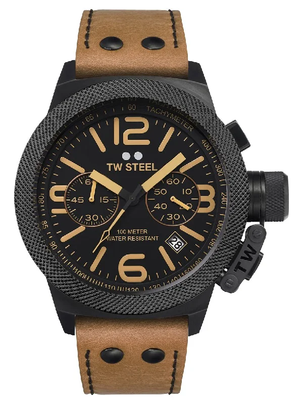 vintage-inspired wristwatches with automatic movement-TW Steel Canteen Chronograph Black PVD Black Dial Brown Leather Strap Date Quartz Mens Watch CS43