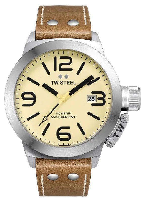 fitness watches with calorie and step tracking-TW Steel Canteen Stainless Steel Cream Dial Brown Leather Strap Date Quartz Mens Watch CS12