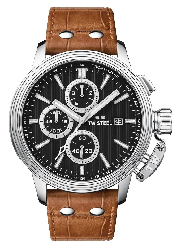 watches with ceramic case for scratch resistance-TW Steel CEO Adesso Chronograph Stainless Steel Black Dial Brown Leather Strap Date Quartz Mens Watch CE7003