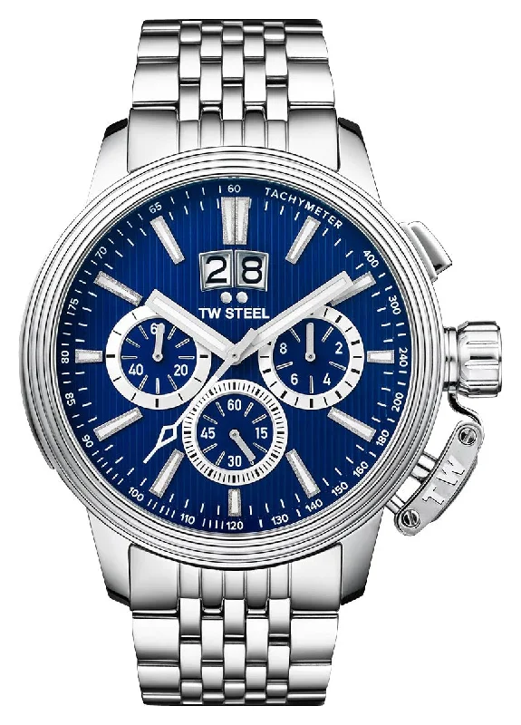 watches for athletes with GPS and heart rate sensor-TW Steel CEO Adesso Chronograph Stainless Steel Blue Dial Date Quartz Mens Watch CE7022