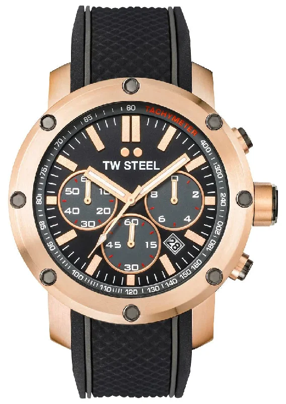 smartwatches with built-in camera-TW Steel Grandeur Tech Chronograph Rose Gold PVD Black Dial Black Silicon Strap Date Quartz Mens Watch TS5