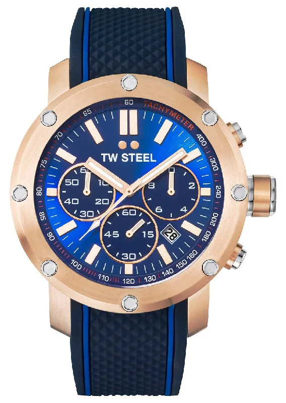 watches for mountain biking with GPS-TW Steel Grandeur Tech Chronograph Rose Gold PVD Blue Dial Blue Silicon Strap Date Quartz Mens Watch TS3