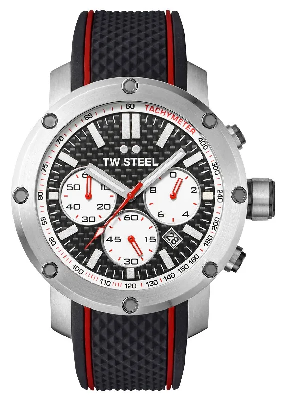 hybrid watches for Android users-TW Steel Grandeur Tech Chronograph Stainless Steel Black Dial Black Silicon Strap Date Quartz Mens Watch TS2