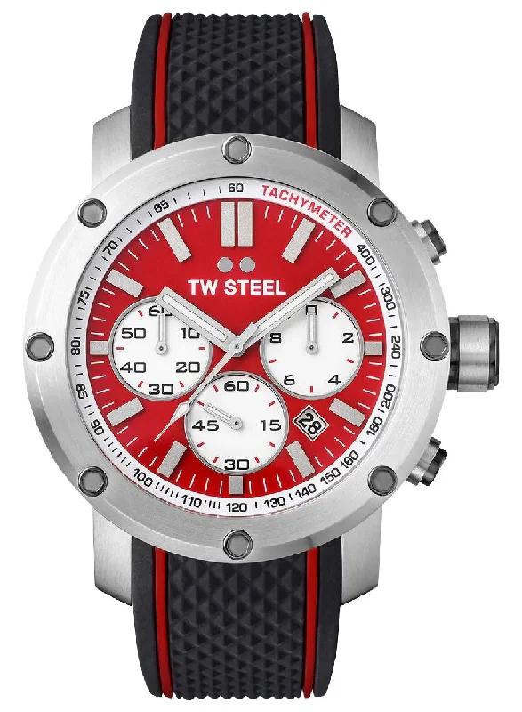 retro watches for men with vintage designs-TW Steel Grandeur Tech Chronograph Stainless Steel Red Dial Black Silicon Strap Date Quartz Mens Watch TS1