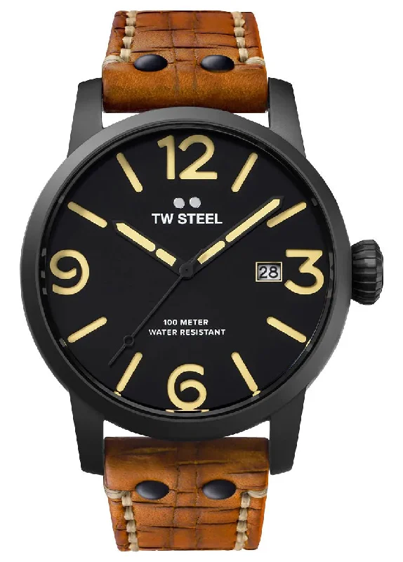 rugged waterproof watches for extreme conditions-TW Steel Maverick Black PVD Black Dial Brown Leather Strap Date Quartz Mens Watch MS31