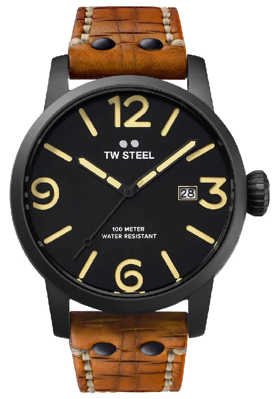 watches for athletes with step counter-TW Steel Maverick Black PVD Black Dial Brown Leather Strap Date Quartz Mens Watch MS32