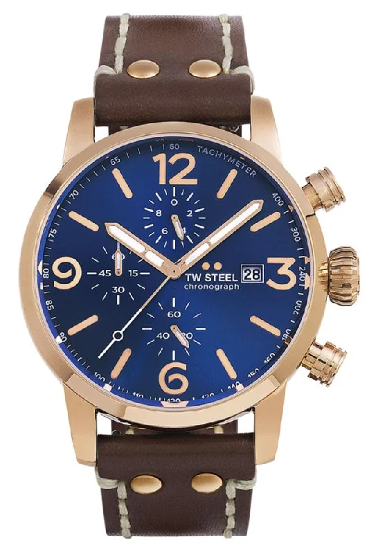 watches for extreme sports with shock resistance-TW Steel Maverick Chronograph Rose Gold PVD Brown Leather Strap Blue Dial Quartz Date Mens Watch MS84