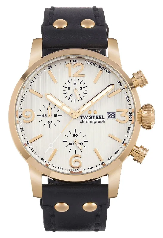 best hybrid smartwatches with fitness features-TW Steel Maverick Chronograph Rose Gold PVD White Dial Black Leather Strap Date Quartz Mens Watch MS73