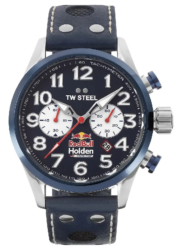 smartwatches with activity tracker-TW Steel Red Bull Holden Special Edition Chronograph Stainless Steel Blue Dial Blue Leather Strap Date Quartz Mens Watch TW980