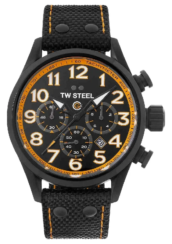 smartwatches with remote control for music and calls-TW Steel Volante GCK Rallycross Special Edition Chronograph Black PVD Black Dial Black Textile Strap Date Quartz Mens Watch TW981