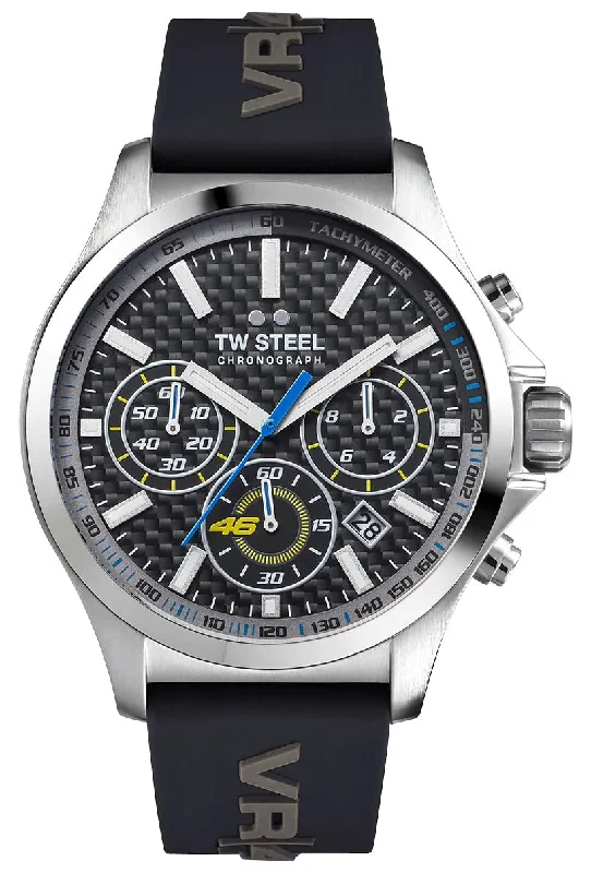 smartwatches with blood oxygen tracking-TW Steel VR46 Pilot Special Edition Chronograph Stainless Steel Black Dial Black Silicon Strap Date Quartz Mens Watch TW938