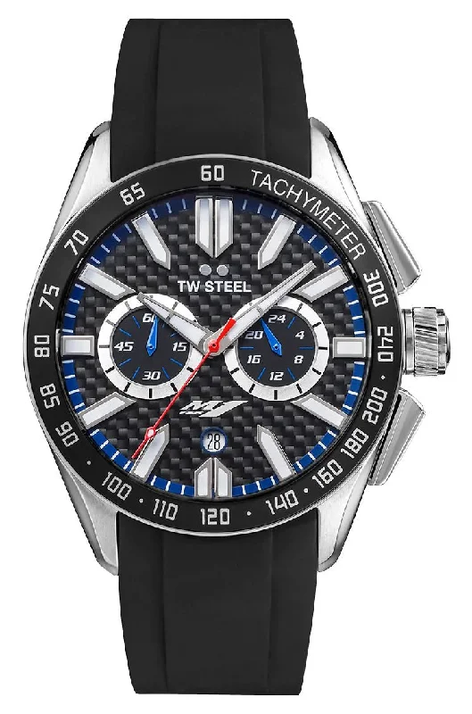 designer watches for men with bold styles-TW Steel Yamaha Factory Racing Special Edition Chronograph Stainless Steel Black Dial Black Rubber Strap Date Quartz Mens Watch GS1