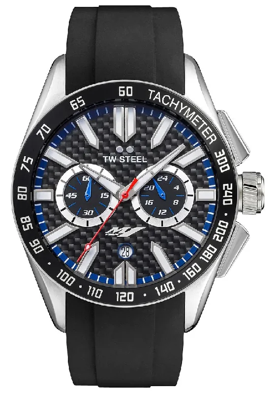 luxury watches for men with high precision-TW Steel Yamaha Factory Racing Special Edition Chronograph Stainless Steel Black Dial Black Rubber Strap Date Quartz Mens Watch GS2