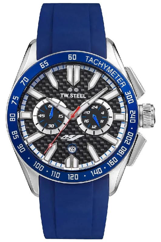 smartwatches with message notifications-TW Steel Yamaha Factory Racing Special Edition Chronograph Stainless Steel Black Dial Blue Rubber Strap Date Quartz Mens Watch GS3