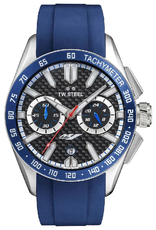 stylish watches for business casual outfits-TW Steel Yamaha Factory Racing Special Edition Chronograph Stainless Steel Black Dial Blue Rubber Strap Date Quartz Mens Watch GS4