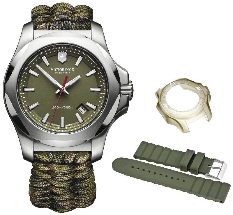 smartwatches with blood oxygen tracking-Victorinox Swiss Army I.N.O.X. Stainless Steel Green Dial Paracord Band Interchangeable Green Rubber Strap Date Quartz Mens Watch 241727.1